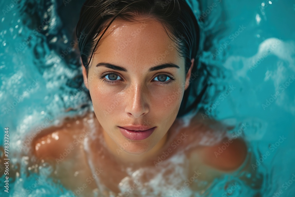 Indoor Pool Delight: Brunette Model Swimming Gracefully