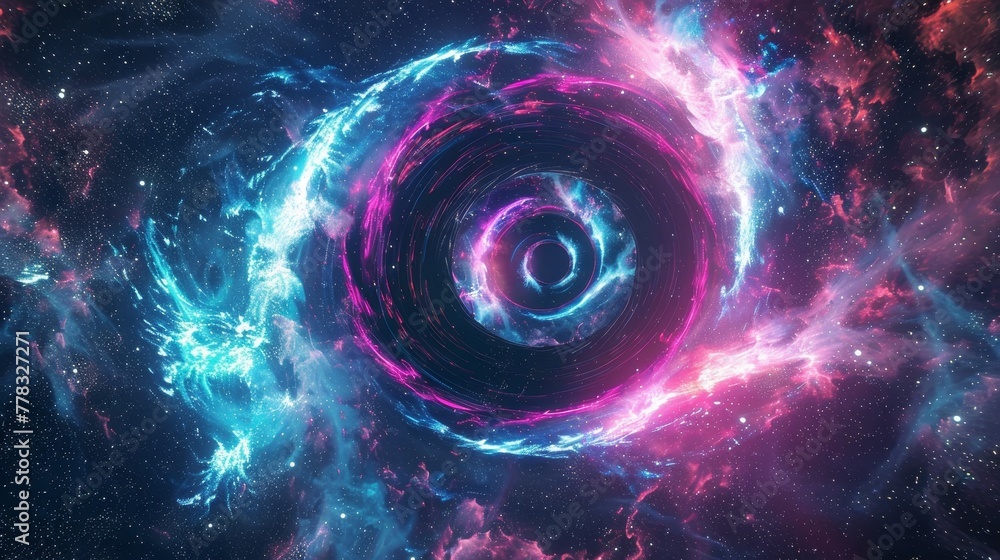 Animated 3D render, abstract cosmic background with galaxy and stars. Pink blue neon lines surrounding black hole.