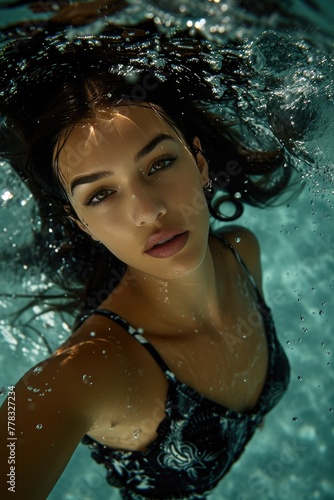 Aquatic Beauty  Stunning Brunette in Pool Backstroke