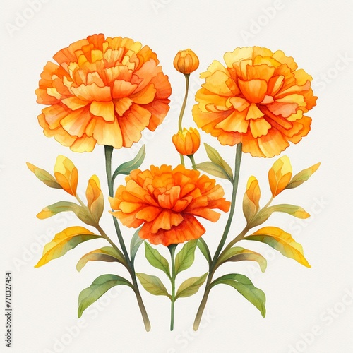 Watercolor marigold clipart with orange and yellow blooms. © Chensak