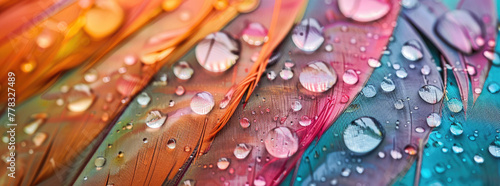 Colorful feathers with water droplets on them  in a closeup  macro style photograph