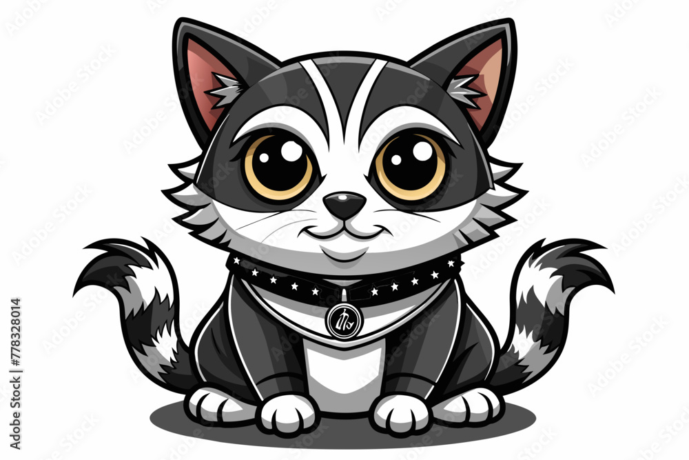 black and white coloring book style totally crazy big eyes rock clothes cat sitting front view