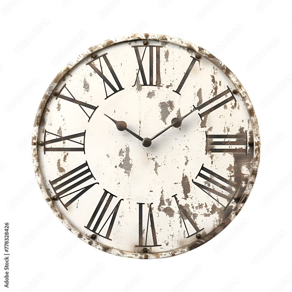 A clock with roman numerals and a white face. The clock is old and has a rustic look. Generative AI