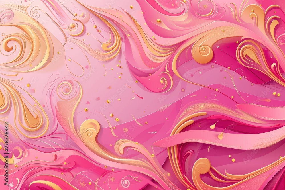 Golden Touch: Intricate Swirls on Pink Abstract Canvas
