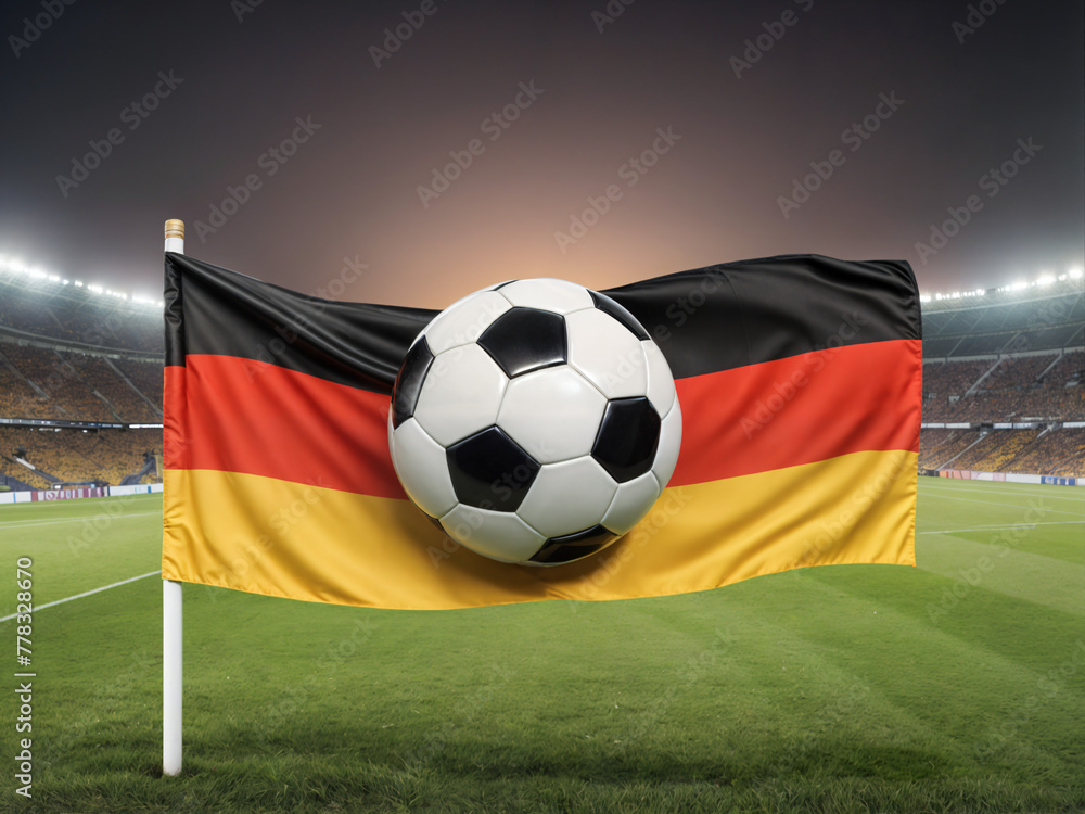 Fototapeta premium Soccer ball on a Germany flag on football field, Generative ai