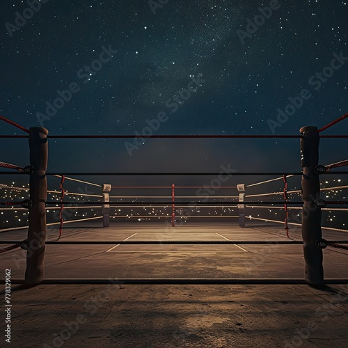 A photo capturing a boxing ring during a night-time fight, with a stunning backdrop of stars in the sky.