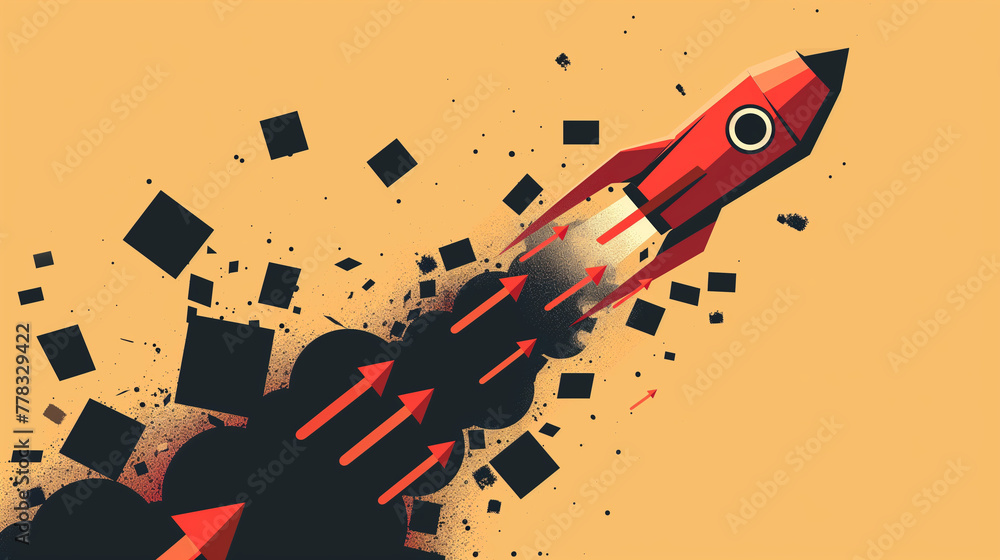 Stylized Retro Rocket Launch with Space and Geometric Elements Stylized Retro Rocket Launch with Space and Geometric Elements