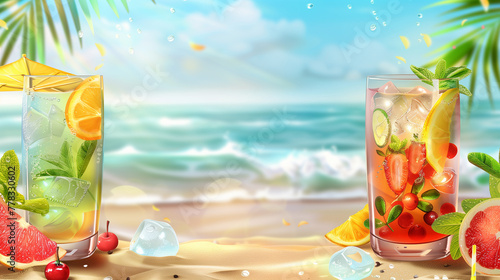 Two drinks with a slice of lemon on the side are on a beach