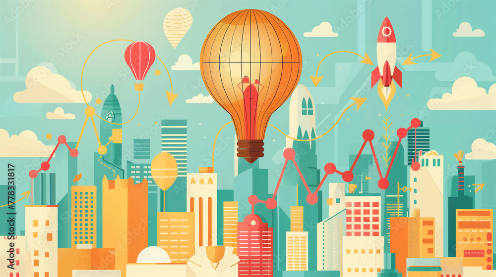 Abstract Cityscape with Light Bulb Balloon and Rising Graph Illustration