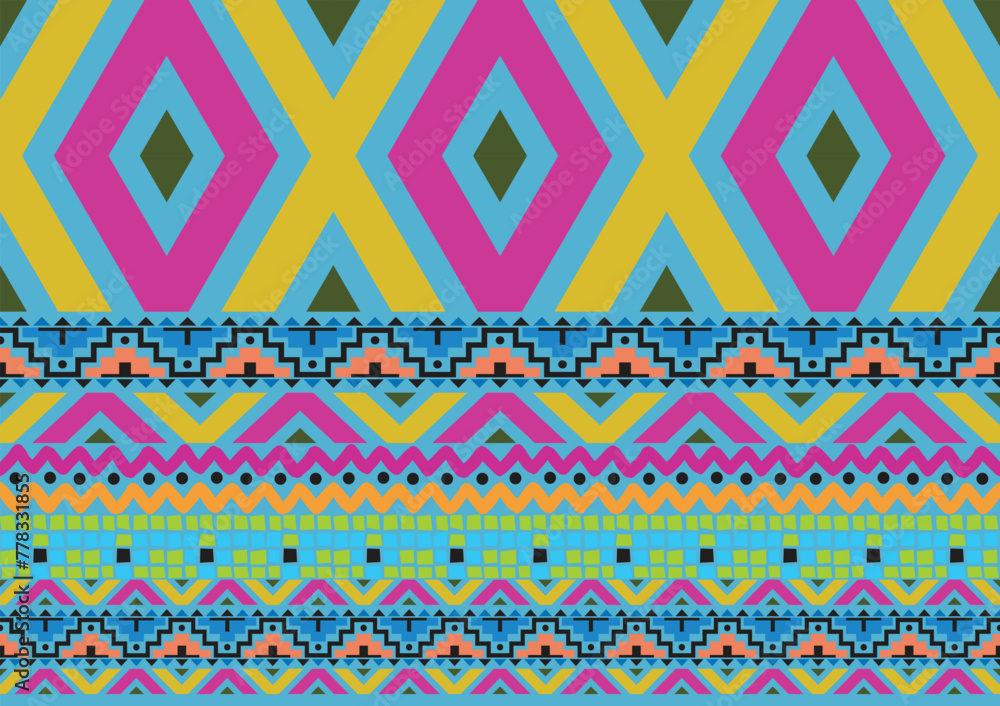 Ikat tribal Indian seamless pattern design. Aztec fabric carpet mandala ornament native boho chevron textile decoration wallpaper. Geometric African American vector illustrations background. Ikat tribal Indian seamless pattern design. Aztec fabric carpet mandala ornament native boho chevron textile decoration wallpaper. Geometric African American vector illustrations background.