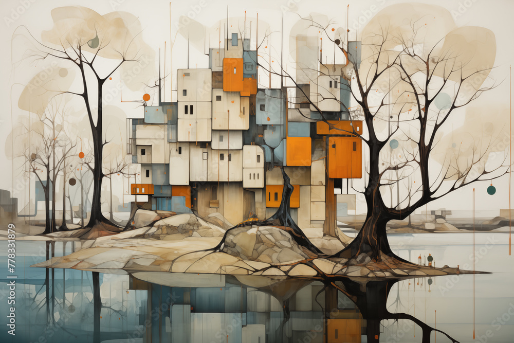 An abstract landscape painting with buildings and trees depicted in angular forms and overlapping planes, reminiscent of Cubist cityscapes