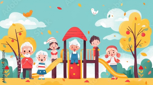 Seniors watching children play in park playground, fond memories, warm 2D cute illustration