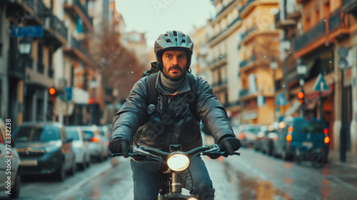 Man in sunglasses on bicycle in city front view