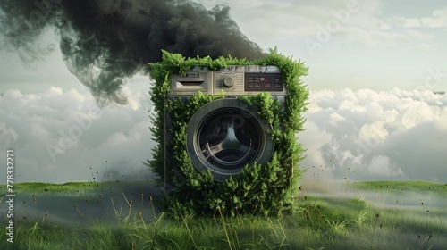 An illustration of greenwashing, depicting a companys deceptive marketing strategy that overstates its environmental efforts or sustainability to mislead consumers into believing it is eco-friendly. photo