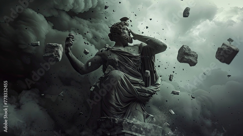 an ancient Greek statue being destroyed by stones falling from above, dark and moody scene photo