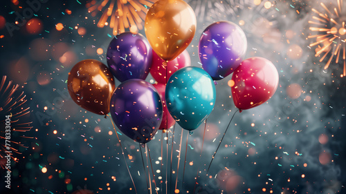 Birthday card with balloons and firecrackers. Balloons on the background of fireworks