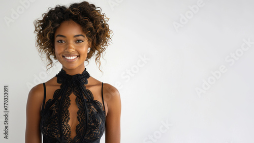 Afro elegant woman in black halterneck dress isolate on gray
