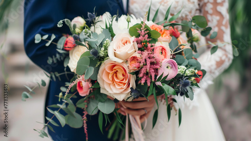 Wedding bouquet with roses on the background of the newlyweds photo