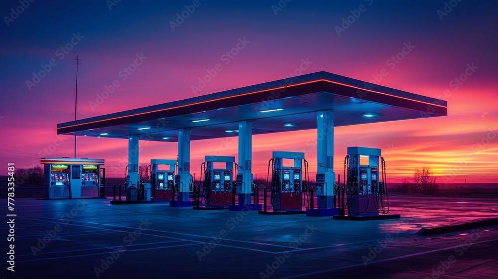 Gas station under vibrant sunset skies - obrazy, fototapety, plakaty 