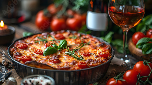 Eggplant Parmesan on a Decorated Table with Melted Cheese and Fresh Herbs