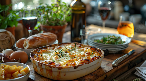 Eggplant Parmesan on a Decorated Table with Melted Cheese and Fresh Herbs