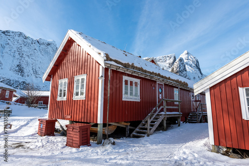 Red traditional house in Lofoten, Norway