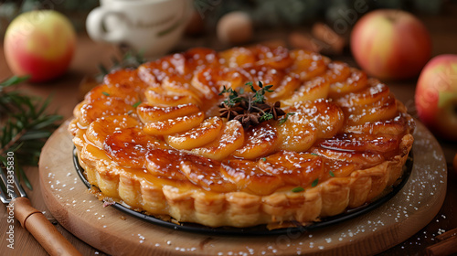 French Tarte Tatin on Decorated Table for HD Wallpaper with Cinematic Effect photo