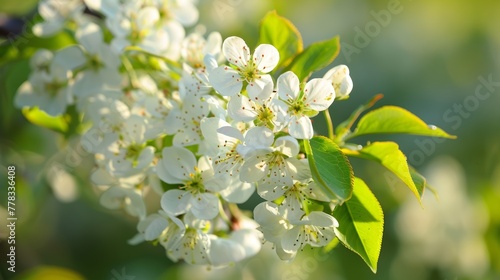 Cluster of white cherry blossoms in full bloom against a soft green background. Macro shot with selective focus © Andrey
