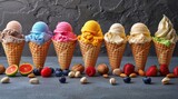Vibrant Assortment of Colorful Ice Cream Cones on Grey Background