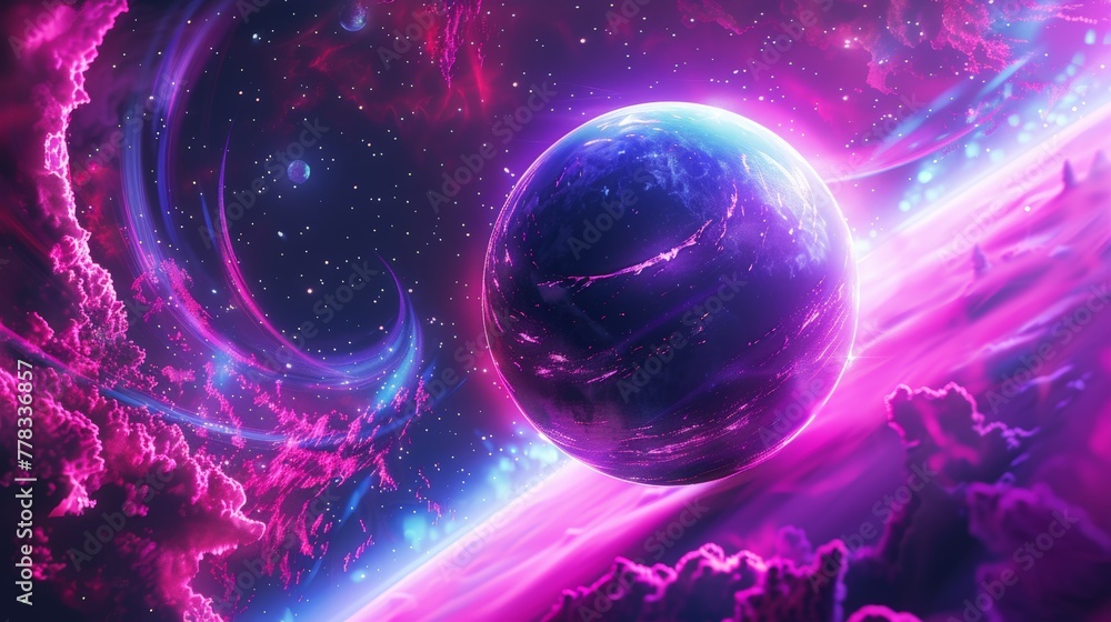 A neon hued digital planet orbiting in a synthwave galaxy