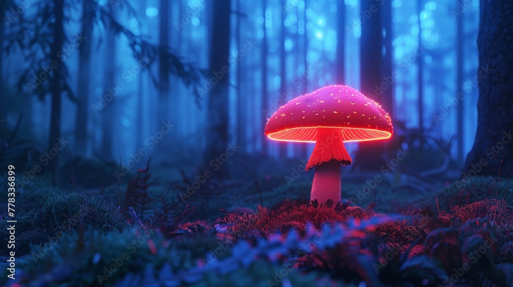 A single neon mushroom glowing in a digital forest - obrazy, fototapety, plakaty 