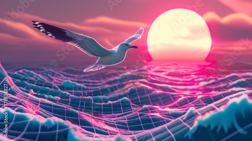 A neon seagull soaring above digital waves ocean