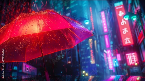 A red umbrella open in a digital neon rain colors blend 