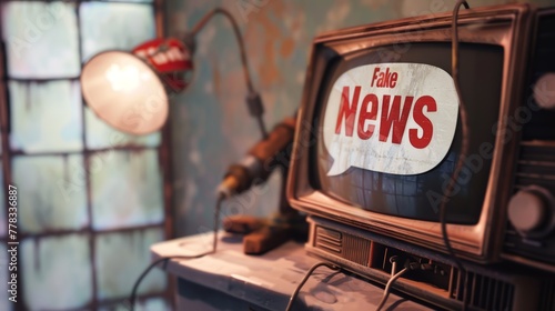 Vintage television displaying fake news sign. Retro broadcast concept with modern message for design and art photo