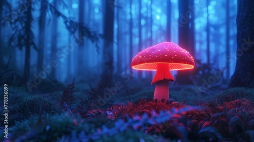 A single neon mushroom glowing in a digital forest