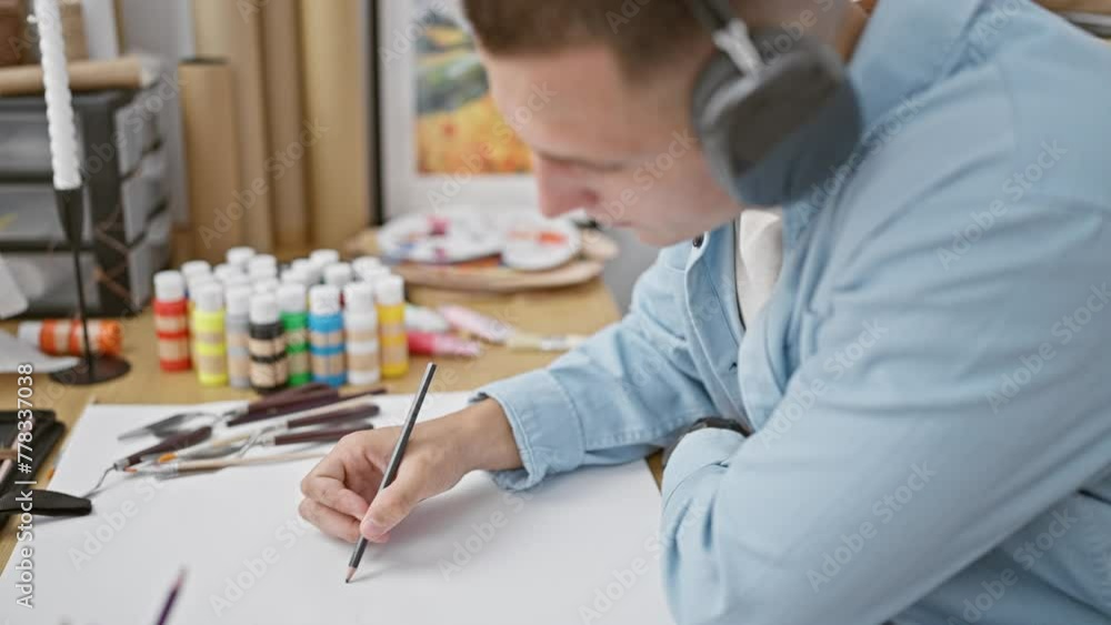 A young hispanic man sketches in a creative indoor studio setting with art supplies visible. A young hispanic man sketches in a creative indoor studio setting with art supplies visible.