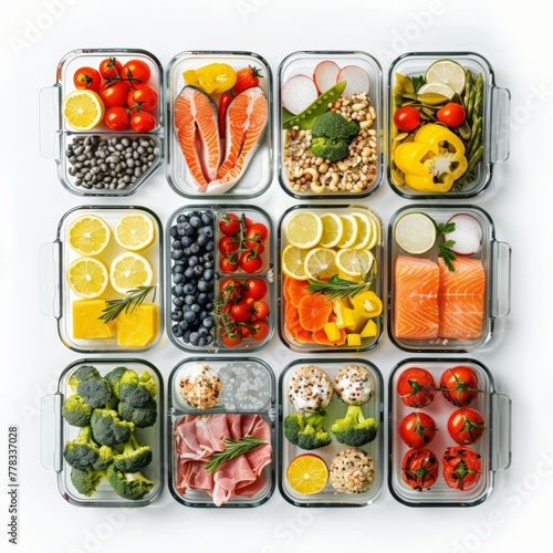 Fresh Fruit and Berries Collage with Healthy Salad Salmon and Chicken Dinner on Plastic box  health conscious meal  isolated on white background