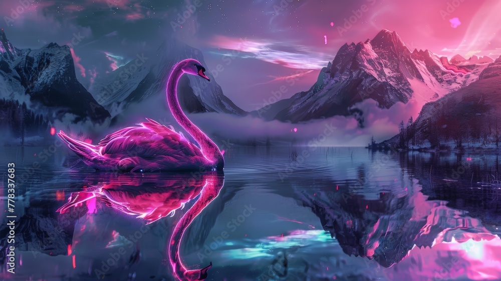 The reflective solitude of a neon swan in a digital lagoon - obrazy, fototapety, plakaty 