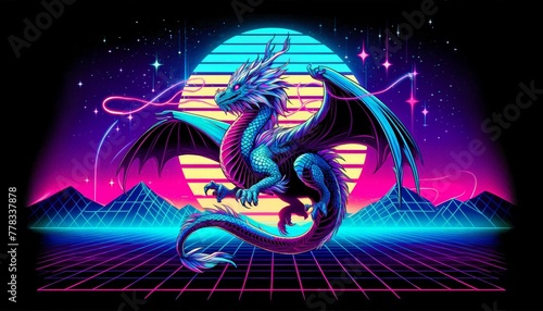 A synthwave inspired illustration of a dragon, incorporating vibrant neon colors and futuristic elements