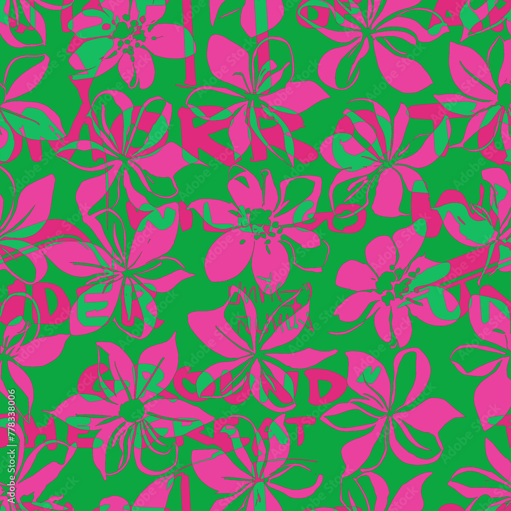 Seamless hand draw flowers and hand writing pattern, colorful monochrome pattern.