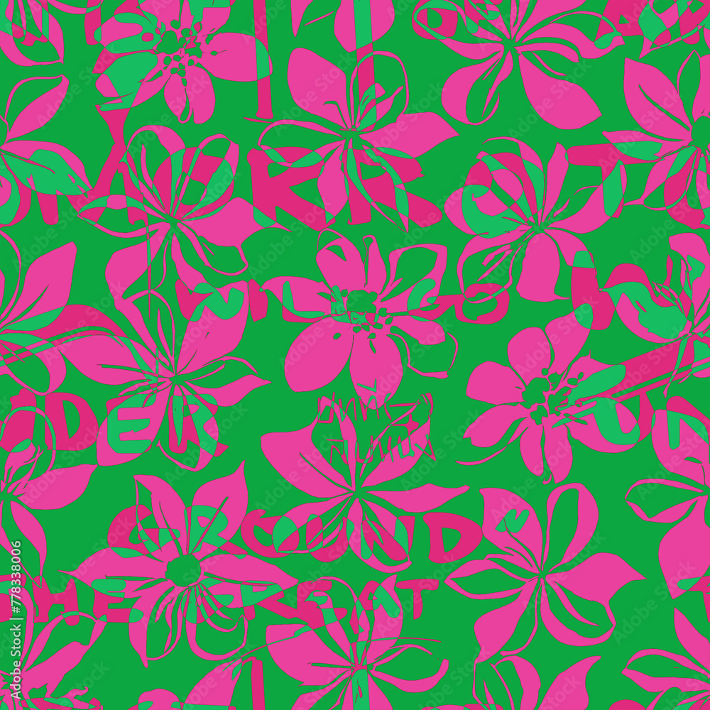 Seamless hand draw flowers and hand writing pattern, colorful monochrome pattern. Seamless hand draw flowers and hand writing pattern, colorful monochrome pattern.