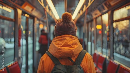 Commuter Riding Public Transit During Winter Commute in City