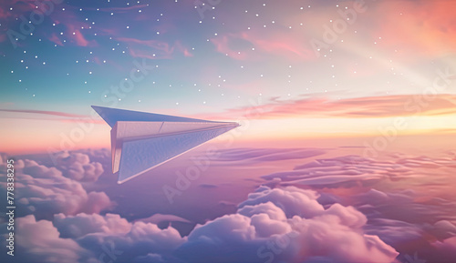 cinematic a paper airplane above the clouds