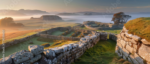 Bronze Age hilltop settlement bathed in golden morning light, offering a panoramic view of ancient history