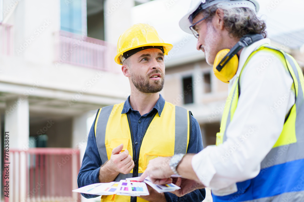 Foreman and client discuss on a building plan and construction. Foreman and client discuss on a building plan and construction.