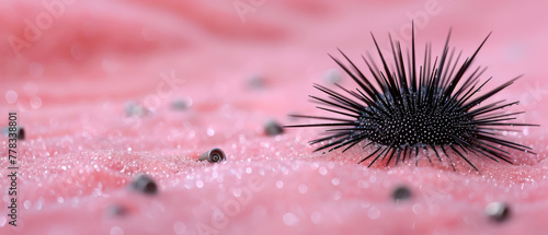 Vivid sea urchin on a coral pink seabed, a mesmerizing marine scene