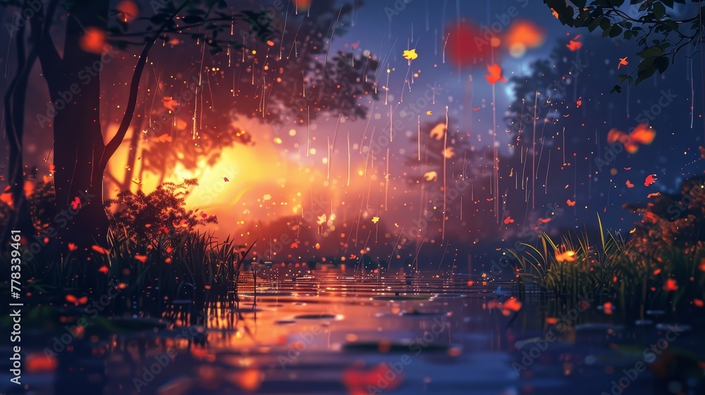 A magical forest is illuminated by warm lights as rain gently falls, enhancing the mystical and enchanting ambiance of the setting A magical forest is illuminated by warm lights as rain gently falls, enhancing the mystical and enchanting ambiance of the setting