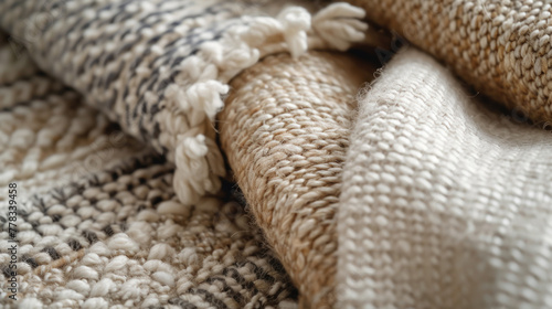 Cozy assortment of woven blankets with rich textures, perfect for home comfort and stylish interiors