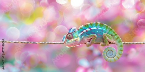 Panther chameleon, Furcifer pardalis, walking, curled tail, wire, vibrant, pink bokeh background, copy space. photo