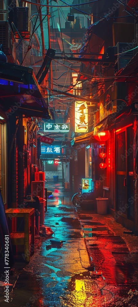 A cyberpunk alley where neon holograms advertise illicit tech and mysterious potions